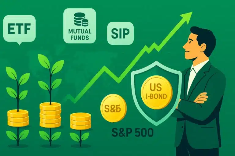 Illustration of ETFs, mutual funds, SIPs, S&P 500, and US I-Bonds as long-term investment strategies to beat inflation and grow savings.