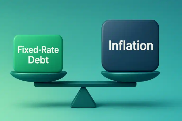 A balanced scale comparing fixed-rate debt and inflation, showing how managing debt wisely can help protect your savings from inflation.