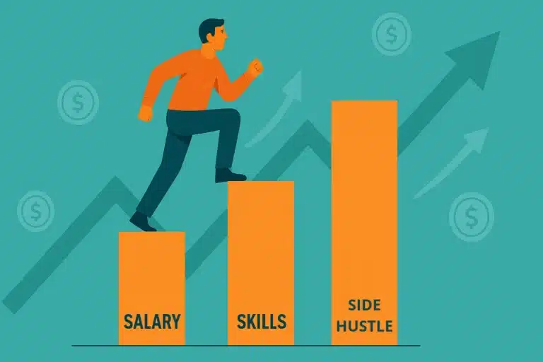 A man climbing from salary to skills to side hustle, illustrating how building skills and extra income helps protect your savings from inflation.
