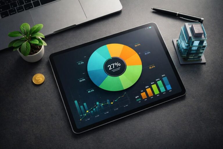 Top-down view of a modern investment desk with a tablet showing asset allocation, a REIT building model, gold coin, and plant, representing SIP vs inflation strategies and diversified investments to beat inflation.