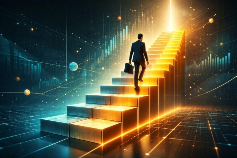 Digital illustration symbolizing best investments to beat inflation, showing a person climbing a staircase where steps turn from silver to gold, representing wealth growth and smart inflation hedge investments.