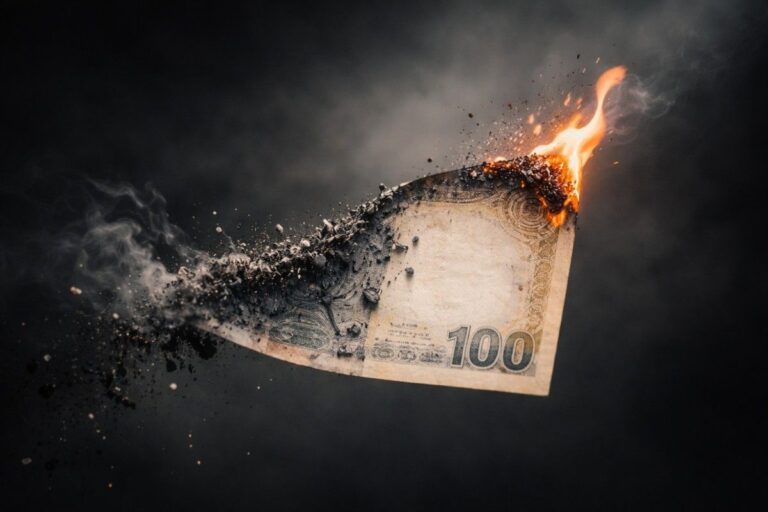 Conceptual image representing inflation in India 2026, showing a burning 100-unit currency note turning into ash, symbolizing the invisible loss of purchasing power and why people must protect savings from inflation.