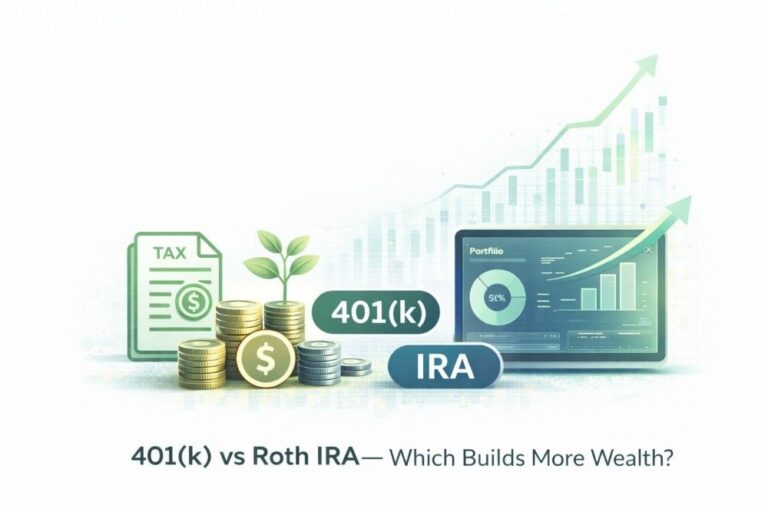 A clean visual comparison between 401(k) and IRA account types featuring stacks of coins, a growing plant sprout, and a digital financial dashboard. Wealth-building vehicles