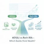 A dual-path infographic comparing 401(k) features like tax deductions and employer match against Roth IRA features like tax-free growth and retirement income under a US flag background.
