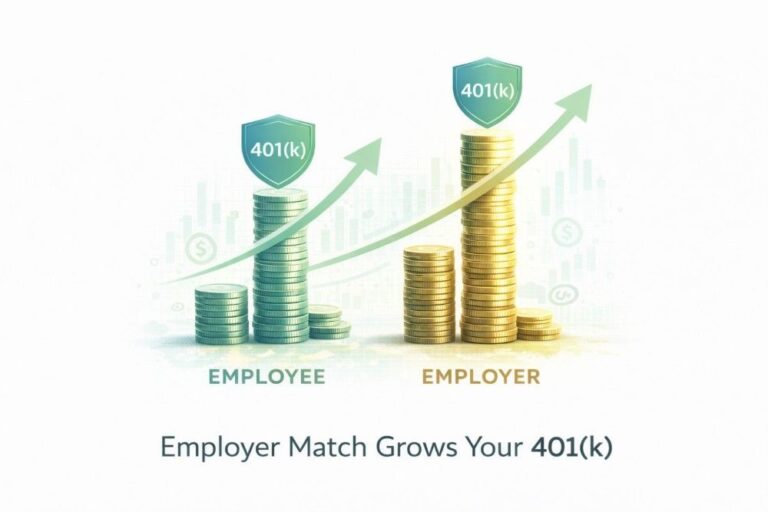 An infographic showing two rising stacks of gold coins labeled Employee and Employer, both protected by shields with the 401(k) logo, demonstrating how matching contributions double investment momentum.