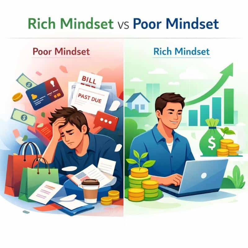 rich mindset vs poor mindset showing difference between spending and investing habits