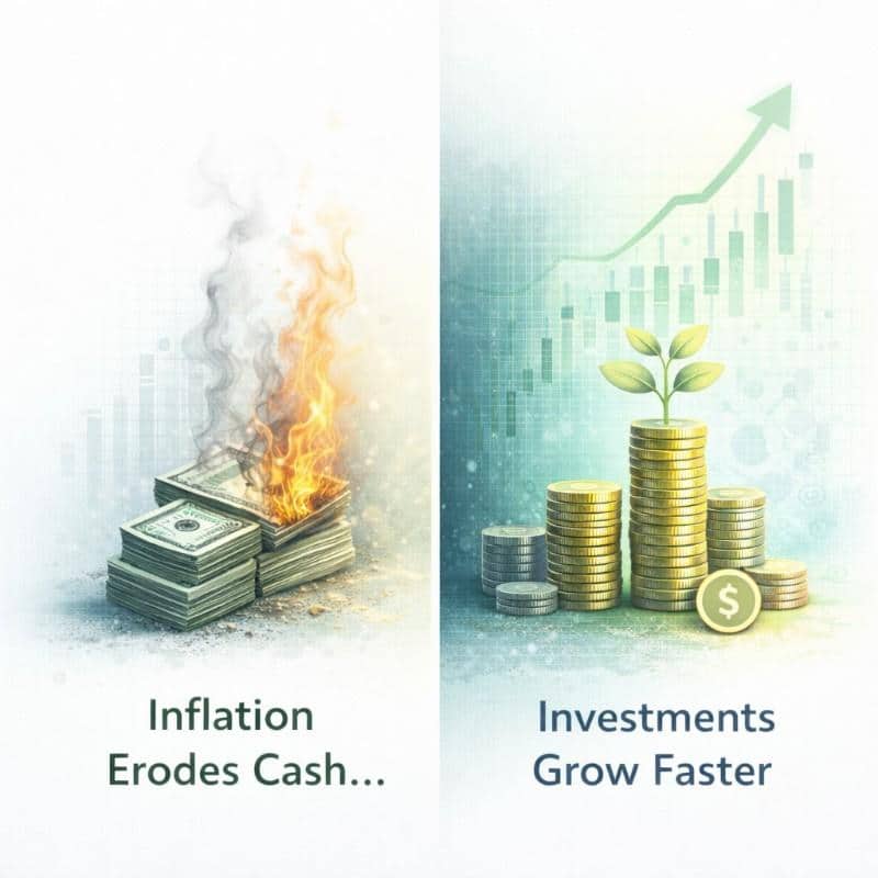 A split-screen visual showing a stack of US dollars on fire representing inflation eroding cash value next to a growing stack of coins with a sprout and an upward-trending stock graph.