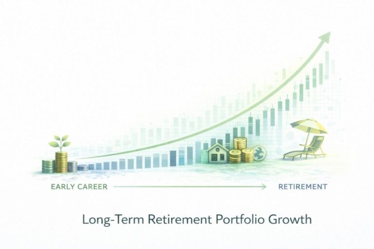 A conceptual timeline showing a financial graph rising from an "Early Career" seedling toward a "Retirement" scene featuring a beach chair and umbrella, representing successful long-term compounding.