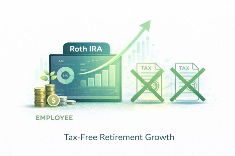 A digital display showing a Roth IRA portfolio with an upward green arrow and two tax documents with large green "X" marks over them, symbolizing the elimination of taxes on growth and withdrawals.